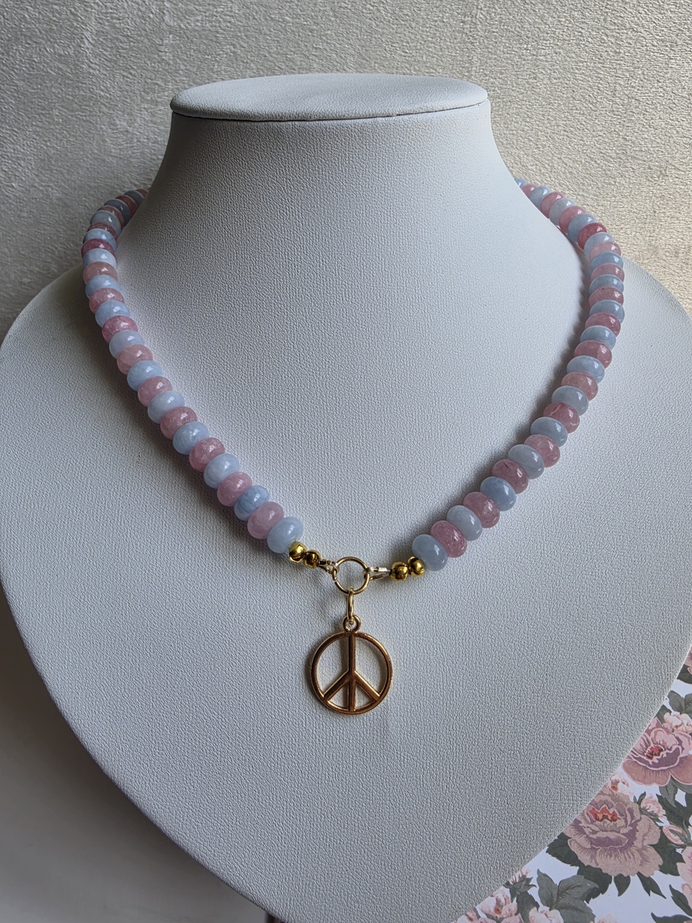 Gold Peace Symbol Necklace with Pink and Light Blue Beads